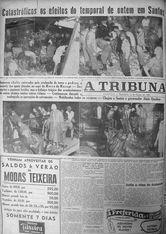 Página do jornal “A Tribuna”, 02/03/1956. Relatos do desastre em Santos.